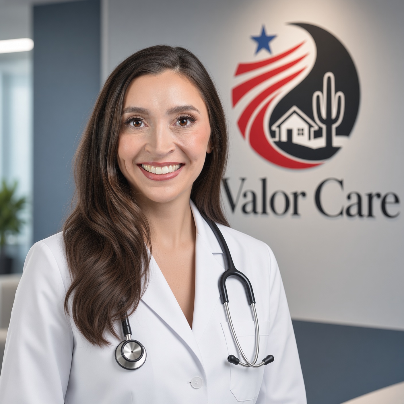 Brittany, nurse practitioner with Valor Senior Care, in a white lab coat with a stethoscope