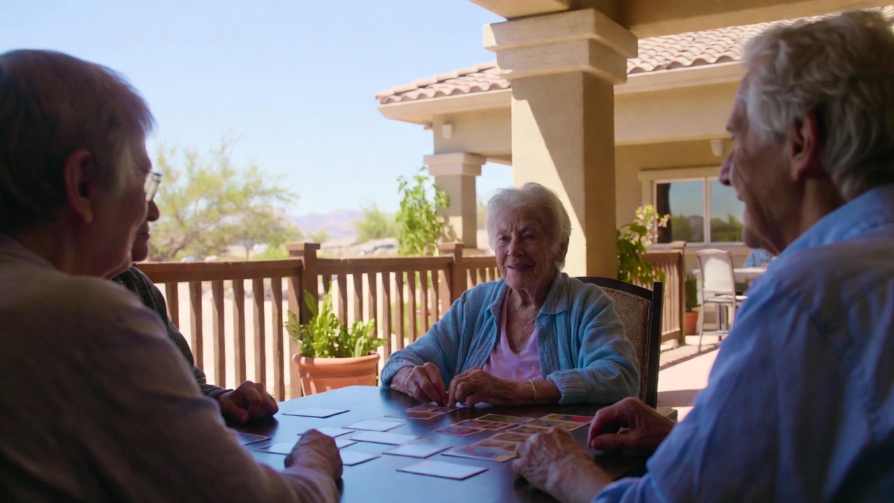Seniors on a covered Arizona patio with desert mountains beyond