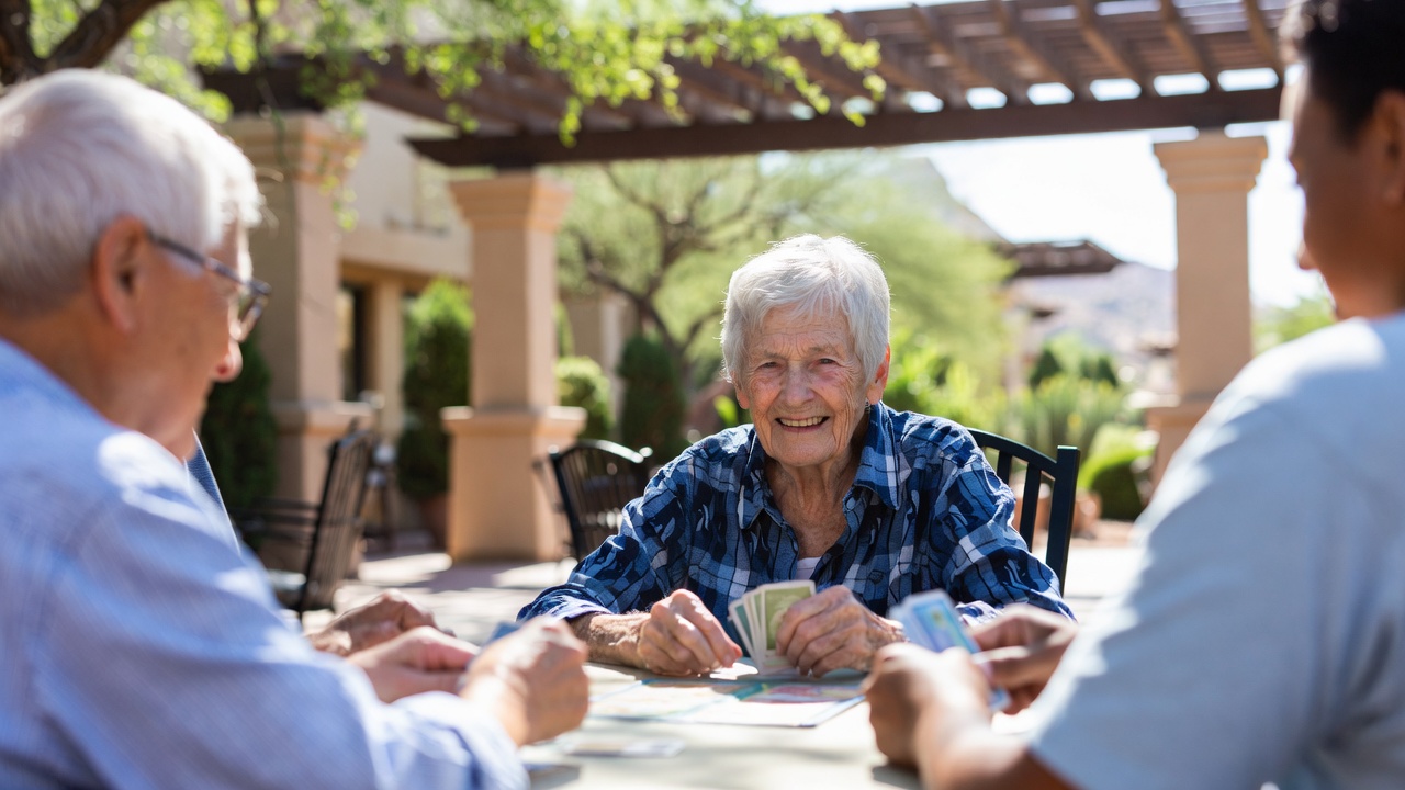 Seniors playing cards on a sunny Arizona patio with stucco pillars