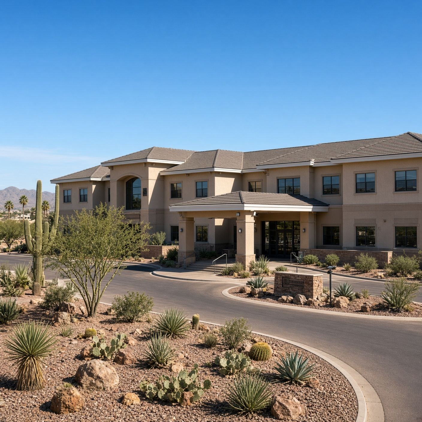 Phoenix metro community with cactus, gravel, and tan stucco in desert light